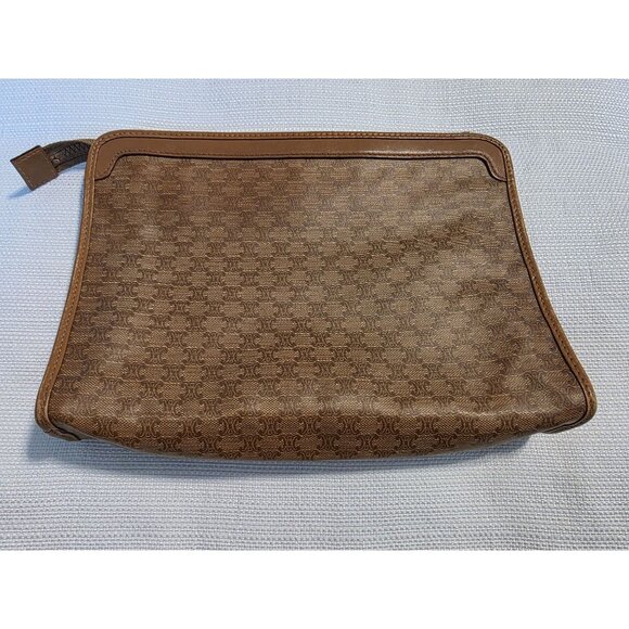 CELINE Vintage Macadam Coated Canvas Clutch Pouch Brown Logo Paris - Picture 3 of 10